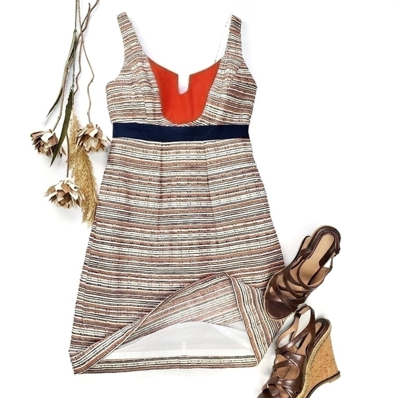 MILLY  Tan Blue Orange Picked Cotten Linen Dress 2 - Picture 2 of 15